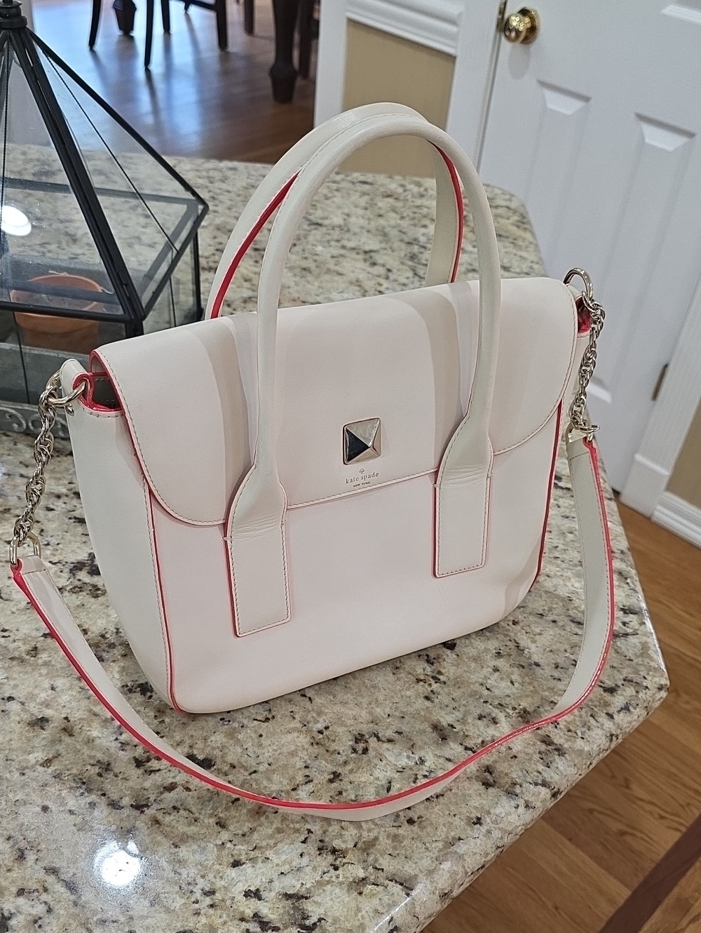 kate spade Blush Cream Satchel with Pink Trim and Detachable Strap